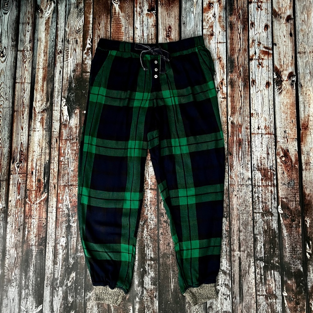 Aerie Green & Blue Plaid Flannel Drawstring Joggers